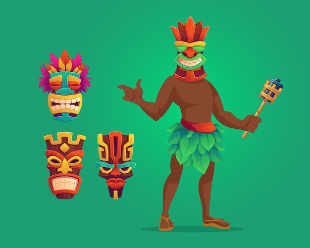 Free vector tiki man with torch and masks, tribal wooden totems, hawaiian or polynesian attributes and aborigine in decorated mask with toothy mouth grimace isolated design elements, cartoon vector icons set