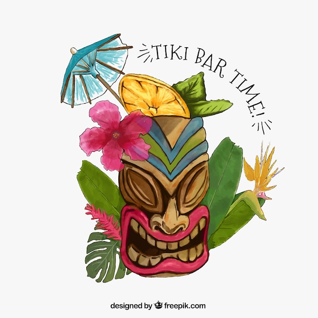 Tiki maschera di fondo con fiori e foglie di acquerello