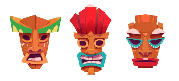 Free vector tiki mask cartoon vector illustration set collection of brightly decorated colored wooden face elements of hawaiian ethnic tribal peoples totem traditional decorative cultural statues of aborigines