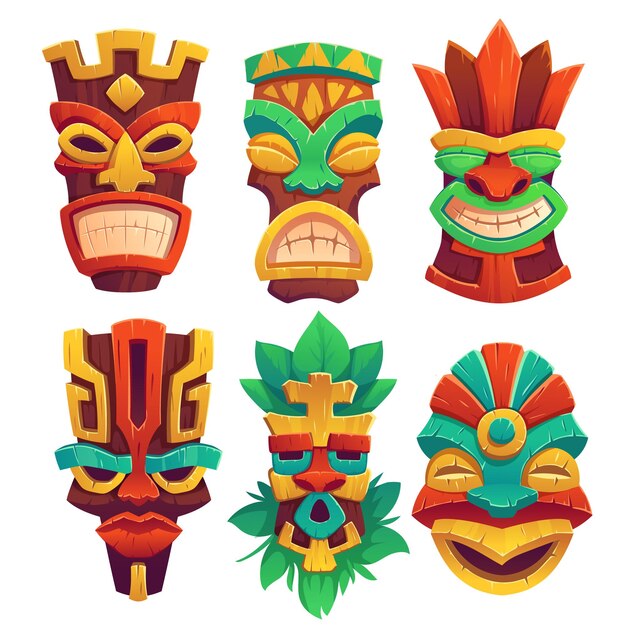 Tiki masks with scary faces and toothy mouth, decorated with leaves isolated