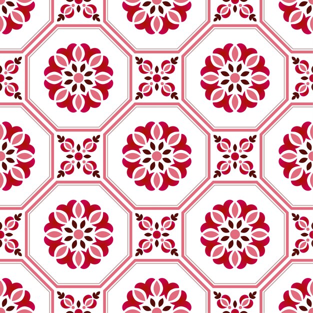 タイルパターン カラフルな装飾的な花のシームレスな背景 美しいセラミック壁紙の装飾ベクトルイラスト プレミアムベクター