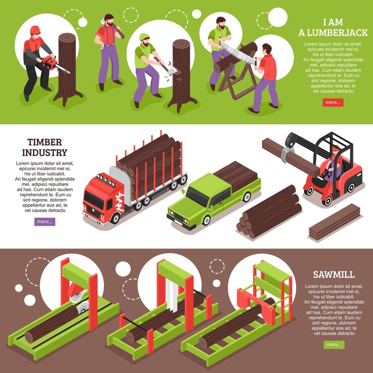 Free Vector timber industry horizontal banners with working lumberjacks sawmill equipment and special vehicles for wood transportation isometric