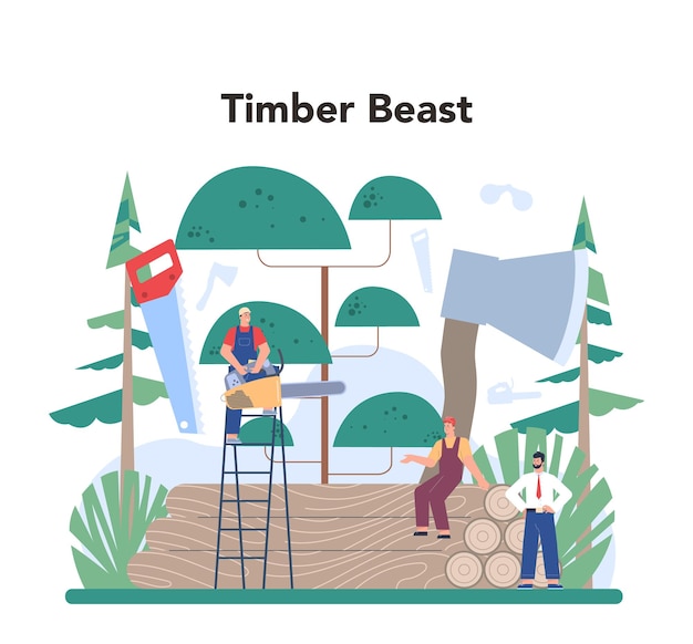 Timber industry and wood production concept logging and woodworking process forestry production isolated flat vector illustration