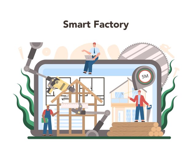 Timber industry and wood production online service or platform Logging and woodworking process Forestry production Smart factory Flat vector illustration