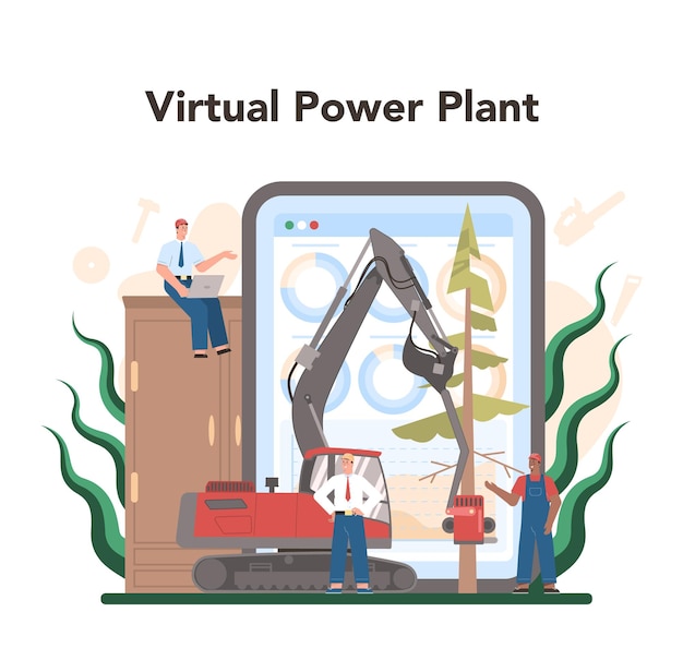 Free vector timber industry and wood production online service or platform logging and woodworking process forestry production virtual power plant flat vector illustration
