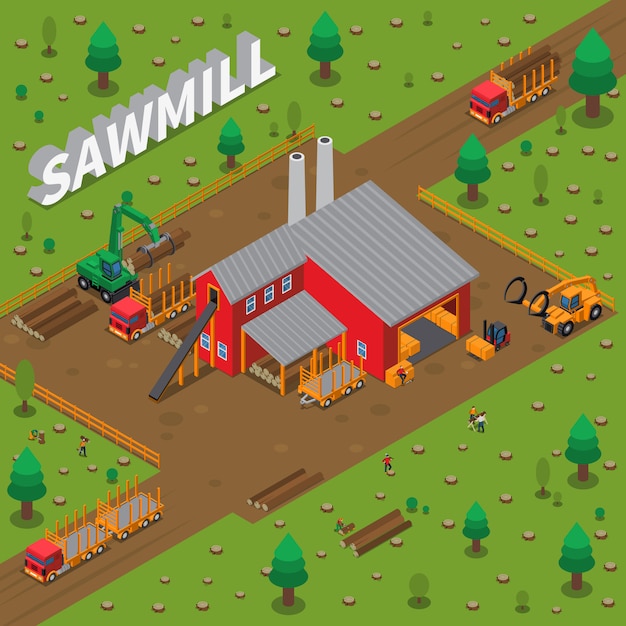 Free vector timber mill lumberjack isometric composition