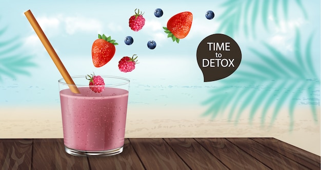 Time to detox banner with old fashioned glass and bamboo straw. Berry smoothie with strawberry and blueberry decoration flying. Beach and palm leaves on background