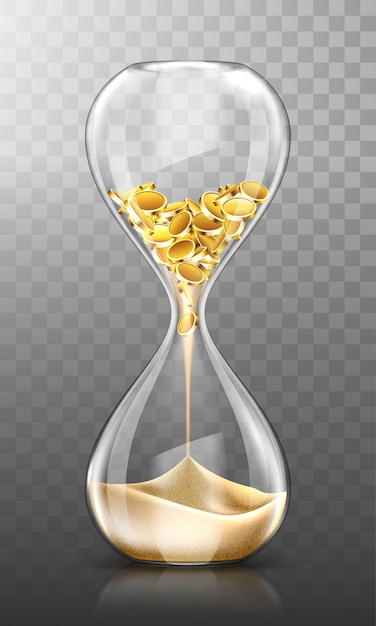 Free vector time is money, hourglass with gold coins and sand