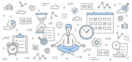 time management concept with man meditate in yoga pose and icons of clock gear target and calendar vector doodle illustration of businessman relax and signs of watch hourglass and graph icons