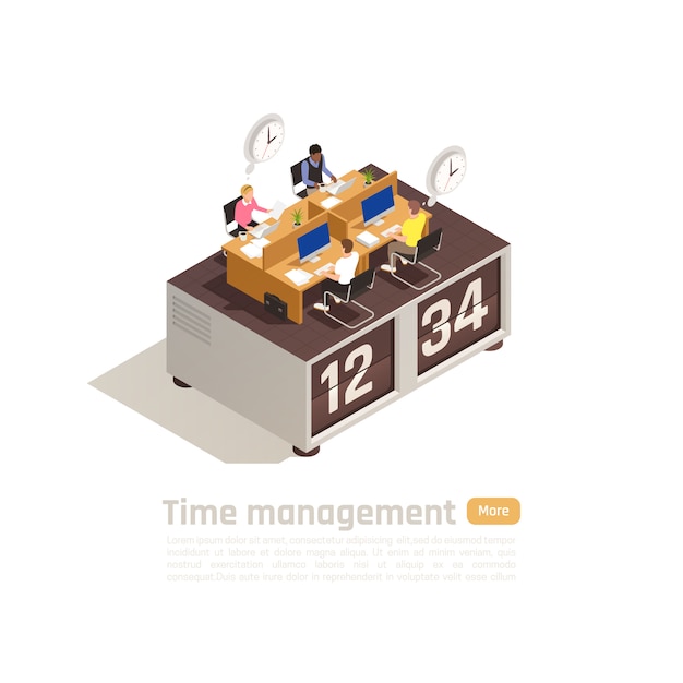 Тайм-менеджмент изометрической бизнес-концепции для дизайна веб-страницы с группой сотрудников, работающих на большие часы