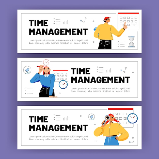 Time management posters with workers and calendar