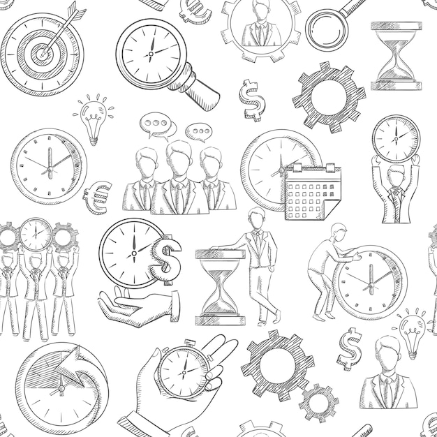 Free vector time management seamless pattern with sketch planning strategy elements