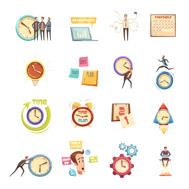 Free vector time management set of retro cartoon icons with hurry man planning productivity startup calendar