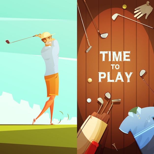 Time to play 2 retro cartoon banners with golf equipment\
composition and player on course