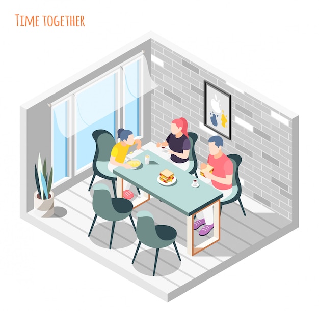 Time together isometric composition with family sitting and having dinner together in kitchen  illustration