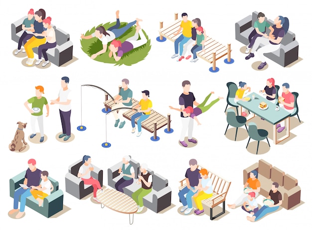 Free vector time together isometric icon set spend time situations with friends family parents and lovers  illustration