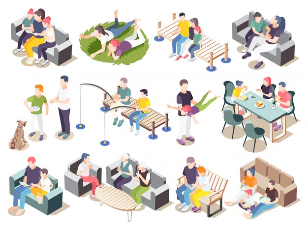 Time together isometric icon set spend time situations with friends family parents and lovers  illustration