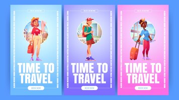 Free vector time to travel banners with tourists with suitcase backpack and map on cityscape background vector vertical posters of vacation trip tourism with cartoon illustration of people travelers
