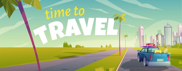 Free vector time to travel cartoon banner with truck rear view moving by road
