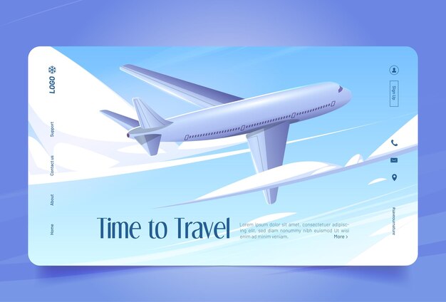 Пора путешествовать по целевой странице мультфильма. Пассажирский самолет, летящий в небе. Купить билет онлайн концепция с самолетом, службой бронирования рейсов, путешествием самолетом, отпуском и праздниками вектор веб-баннер