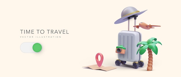 Time to travel concept poster in realistic style with suitcase palm tree hat camera airplane map Vector illustration