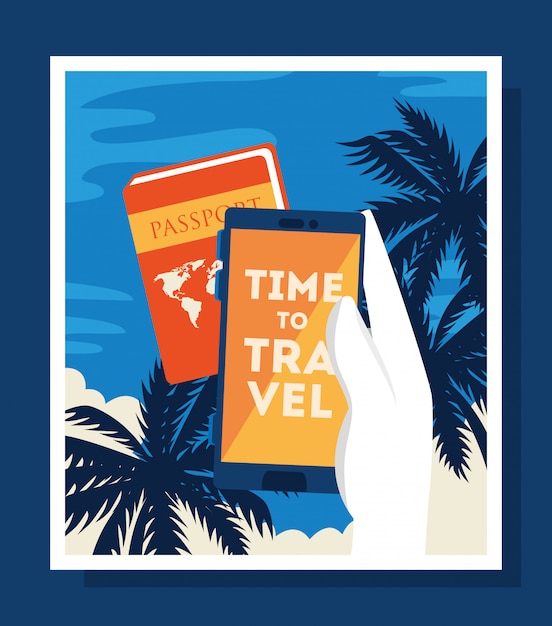 Free vector time travel poster with passport and mobile phone