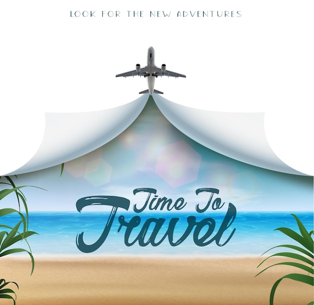 Time to travel realistic vector banner with white copy space and airplane and tropical beach view wi