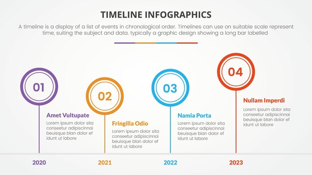 4 ポイント リストを使用したスライド プレゼンテーションの円と年番号の説明を含むタイムライン インフォ グラフィック コンセプト