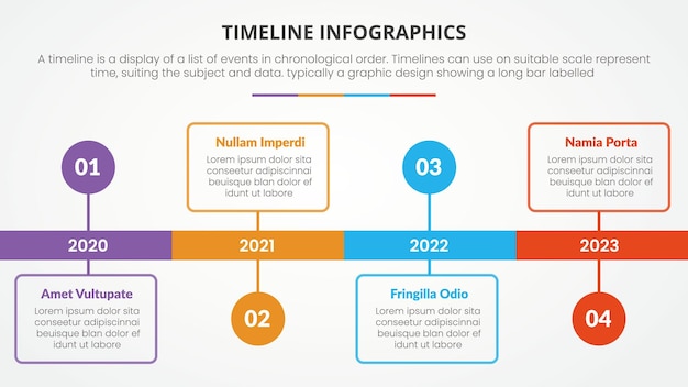 Timeline infographic concept with year and square timeline description for slide presentation with 4 point list