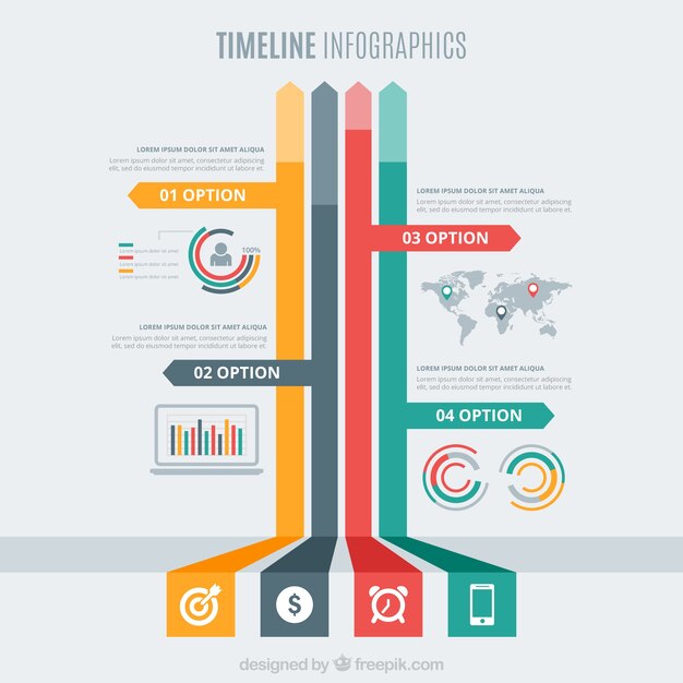 色付きの矢印付きのタイムラインインフォグラフィック