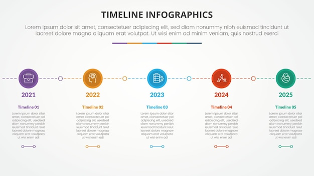 타임라인 마일스톤 인포그래픽 개념은 5 점 목록과 함께 슬라이드 프레젠테이션을 위해 작은 원 선 연결 수평입니다.