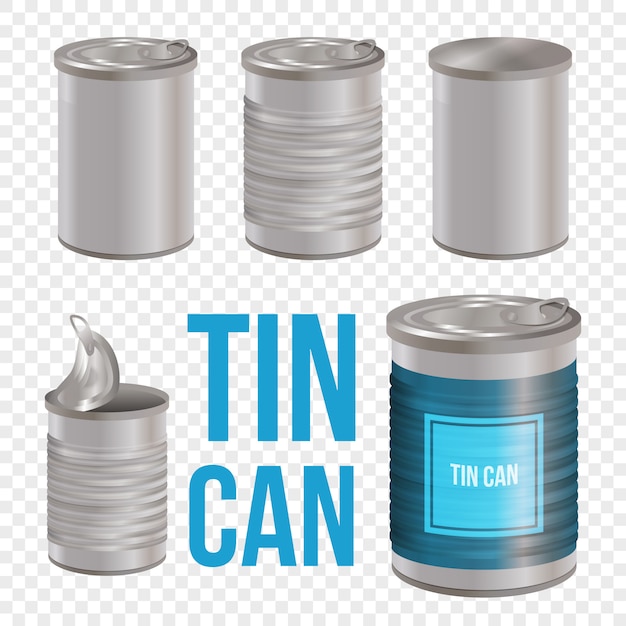 ブリキ缶ラインスタイルアートセット透明。ブリキ缶、缶詰食品の現実的なパッケージ