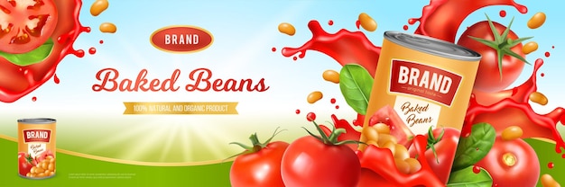 Tin of tasty baked beans on with tomato sauce and green leaves realistic