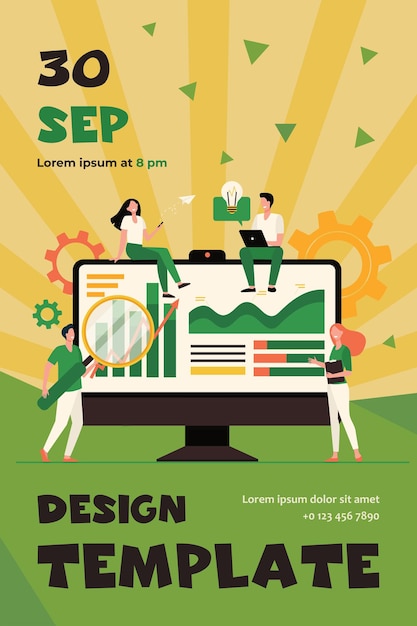 Tiny analysts working with data on dashboard isolated flat