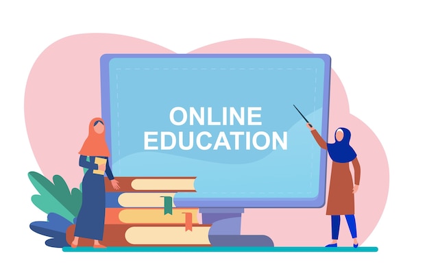 컴퓨터를 통해 학습하는 작은 아라비아 여자. 책, 학생, 인터넷 평면 벡터 일러스트 레이 션. 학습 및 온라인 교육