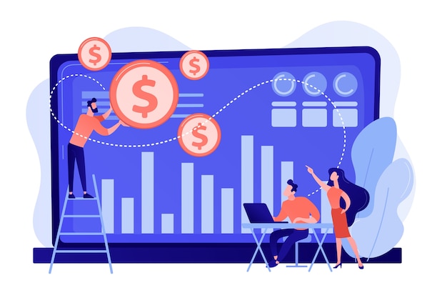 Tiny business people and analysts transforming data into money. Data monetization, monetizing of data services, selling of data analysis concept