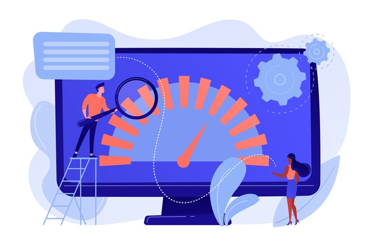 Tiny business people look at product performance indicator