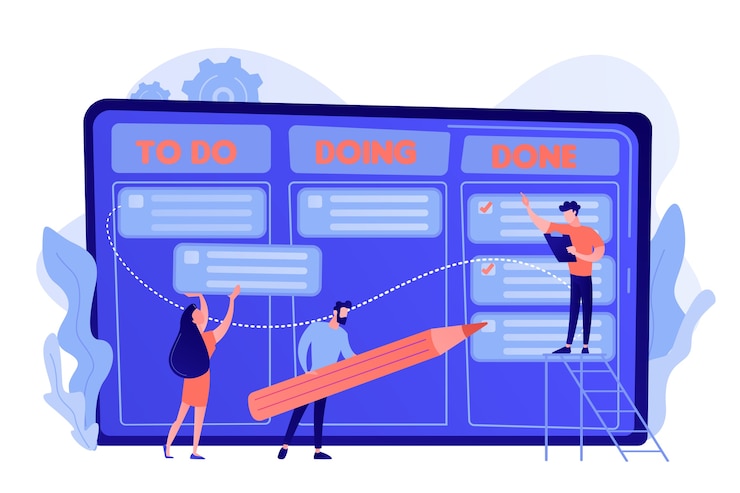 Free Vector tiny business people and manager at tasks and goals accomplishment chart. task management, project managers tool, task management software concept
