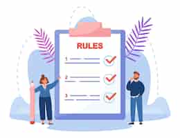 Free vector tiny business people reading list of rules. man and woman making checklist for control of companys management on huge clipboard flat vector illustration. guidance concept