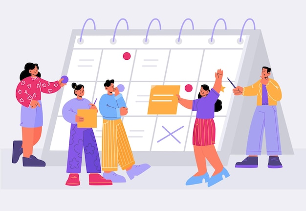 Free vector tiny business people team around of huge calendar