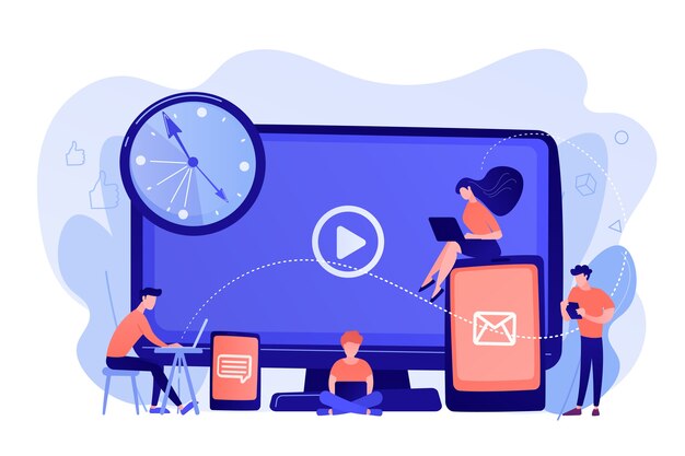 tiny business people watching at digital devices screens and clock
