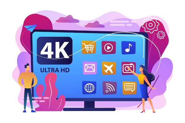 Free vector tiny business people watching modern ultra hd smart television. uhd smart tv, ultra high definition, 4k 8k display technology concept. bright vibrant violet  isolated illustration