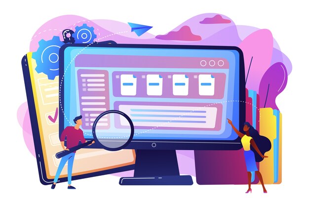 Tiny business people with magnifier work with document management on computer. Document management soft, document flow app, compound docs concept.  