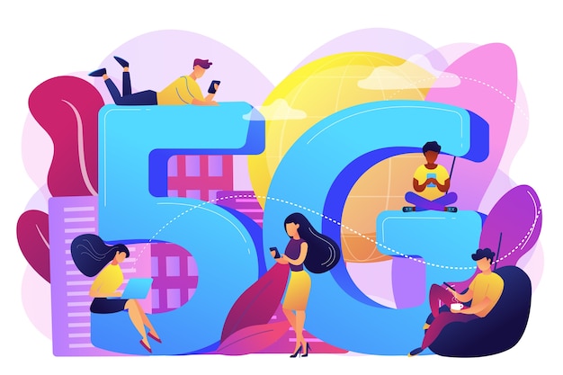 5gテクノロジーを使用したモバイルデバイスを使用する小さなビジネスマン。 5gネットワーク、次世代接続、最新のモバイル通信コンセプト。明るく鮮やかな紫の孤立したイラスト