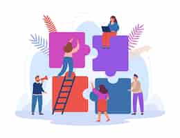Free vector tiny business persons working on jigsaw puzzle together. metaphor for cooperation or partnership, collaboration between team of people flat vector illustration. communication, teamwork concept