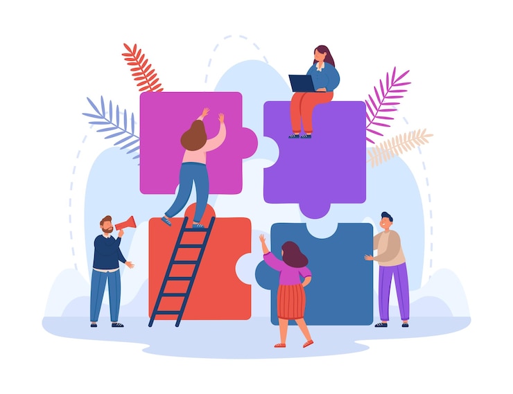Free Vector tiny business persons working on jigsaw puzzle together. metaphor for cooperation or partnership, collaboration between team of people flat vector illustration. communication, teamwork concept