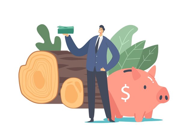 Tiny Businessman Character Holding Dollars Pile Stand at Huge Piggy Bank and Wood Logs