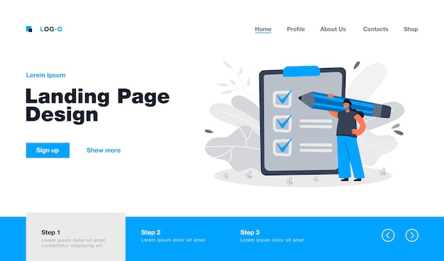 フラットスタイルでクリップボードのランディングページで完了したタスクをチェックする小さな実業家