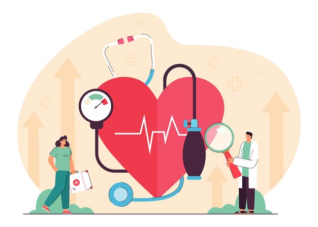 Tiny cardiology doctor and nurse examining heart, blood pressure, prescribing treatment. Medical cardiovascular checkup flat vector illustration. Anatomy, hospital, heart diseases, health care concept