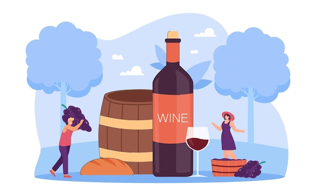 ブドウの木が自然なワインを生産する小さな漫画のキャラクター。巨大な有機ワインボトルとバレルフラットベクトルイラストを持つ男性と女性の人。バナー、ウェブサイトのデザインのためのアルコール飲料のコンセプト